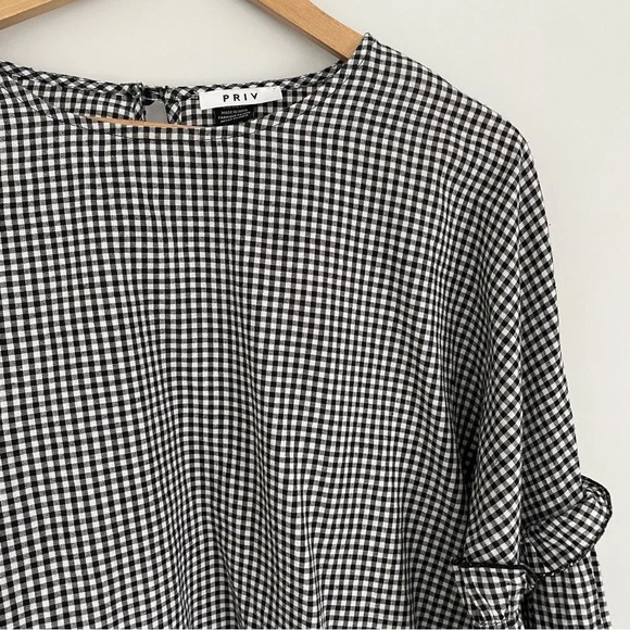 NWOT PRIV black & white cotton gingham blouse with flare sleeves M - Picture 5 of 6